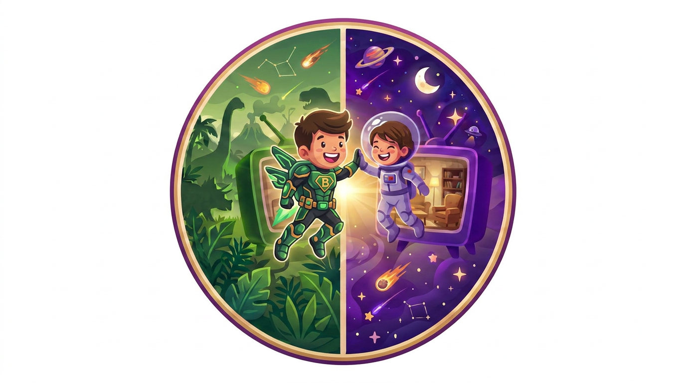 Illustration of a child hero exploring dinosaur and outer-space adventures with Bugulo